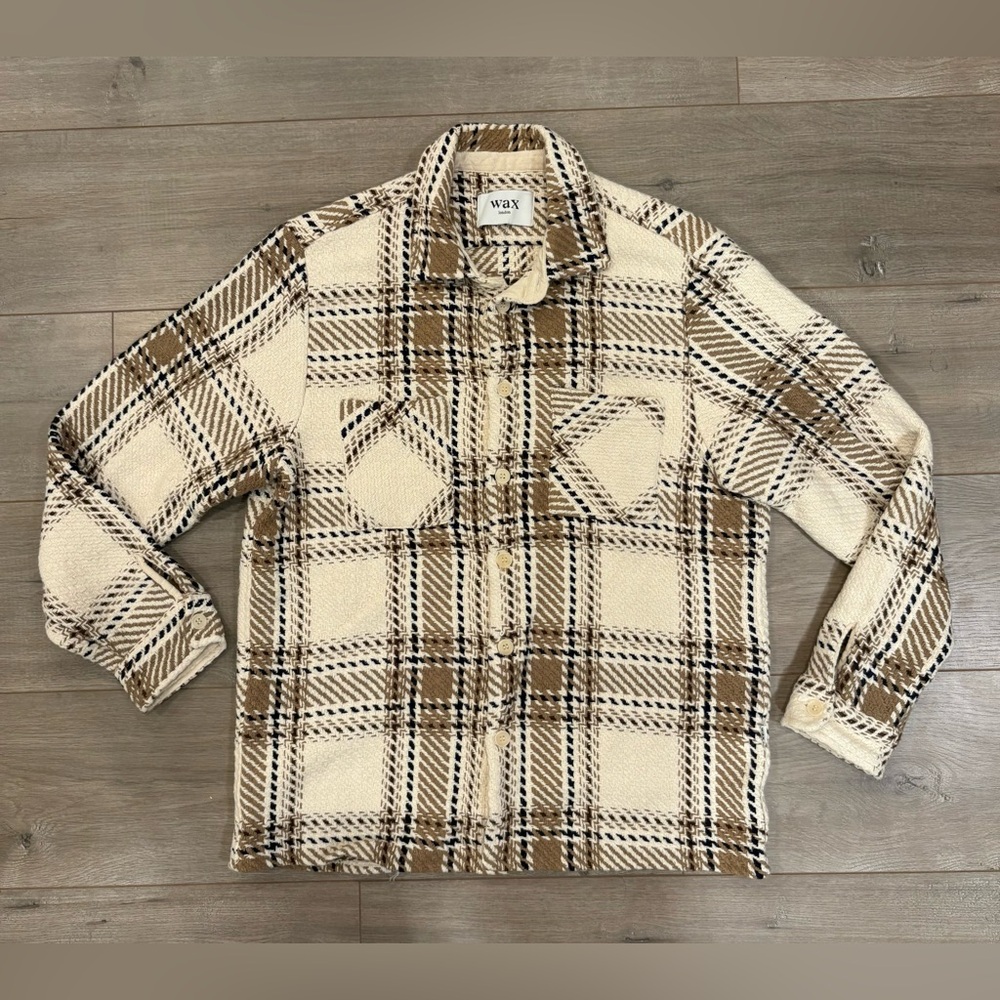 Wren Men's Casual Button Down Shirt - Cream and Brown Plaid